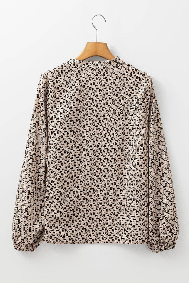 Khaki Geometric Print Notched Neck Puff Sleeve Blouse - Fashion Queen -  7