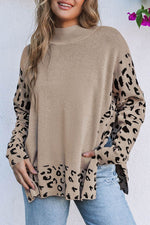 Load image into Gallery viewer, Khaki Leopard High Neck Side Slit Oversized Sweater - Fashion Queen - 4