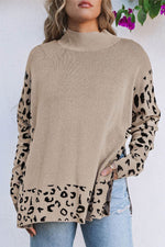 Load image into Gallery viewer, Khaki Leopard High Neck Side Slit Oversized Sweater - Fashion Queen - 5