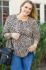 Load image into Gallery viewer, Khaki Leopard Print Lace-up Ruffled 3/4 Sleeve Plus Size Blouse - Fashion Queen - 1