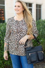 Load image into Gallery viewer, Khaki Leopard Print Lace-up Ruffled 3/4 Sleeve Plus Size Blouse - Fashion Queen - 4
