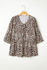 Load image into Gallery viewer, Khaki Leopard Print Lace-up Ruffled 3/4 Sleeve Plus Size Blouse - Fashion Queen - 8