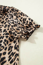 Load image into Gallery viewer, Khaki Leopard Ruffled Neck Cascading Puff Short Sleeve Top - Fashion Queen - 10