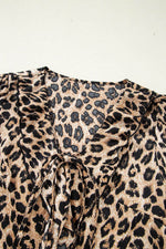 Load image into Gallery viewer, Khaki Leopard Ruffled Neck Cascading Puff Short Sleeve Top - Fashion Queen - 11