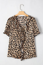 Load image into Gallery viewer, Khaki Leopard Ruffled Neck Cascading Puff Short Sleeve Top - Fashion Queen - 5