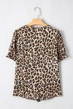 Load image into Gallery viewer, Khaki Leopard Ruffled Neck Cascading Puff Short Sleeve Top - Fashion Queen - 6