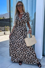 Load image into Gallery viewer, Khaki Leopard V Neck Cinched High Waist Open Back Maxi Dress - Fashion Queen - 3