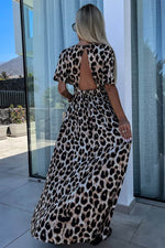 Load image into Gallery viewer, Khaki Leopard V Neck Cinched High Waist Open Back Maxi Dress - Fashion Queen - 4