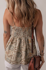Load image into Gallery viewer, Khaki Paisley Printed Spaghetti Strap V Neck Smocked Babydoll Tank Top - Fashion Queen - 2