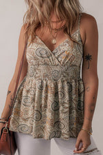 Load image into Gallery viewer, Khaki Paisley Printed Spaghetti Strap V Neck Smocked Babydoll Tank Top - Fashion Queen - 3