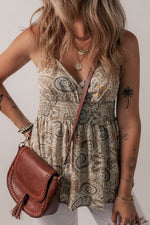 Load image into Gallery viewer, Khaki Paisley Printed Spaghetti Strap V Neck Smocked Babydoll Tank Top - Fashion Queen - 4