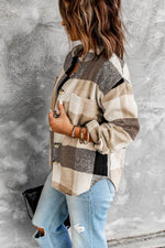 Load image into Gallery viewer, Khaki Plaid Color Block Buttoned Long Sleeve Jacket with Pocket - Fashion Queen - 3