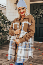 Load image into Gallery viewer, Khaki Plaid Patchwork Long Sleeve Shirt Mini Dress - Fashion Queen - 21