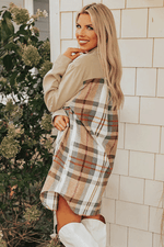 Load image into Gallery viewer, Khaki Plaid Patchwork Long Sleeve Shirt Mini Dress - Fashion Queen - 3