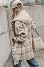 Load image into Gallery viewer, Khaki Plaid Removable Hood Buttoned Shacket - Fashion Queen - 2
