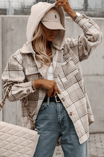 Load image into Gallery viewer, Khaki Plaid Removable Hood Buttoned Shacket - Fashion Queen - 3