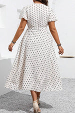 Load image into Gallery viewer, Khaki Polka Dot Surplice V Neck Tied Waist Flutter Sleeve Flowy Plus Size Midi Dress - Fashion Queen - 10