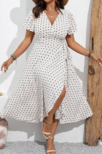 Load image into Gallery viewer, Khaki Polka Dot Surplice V Neck Tied Waist Flutter Sleeve Flowy Plus Size Midi Dress - Fashion Queen - 12