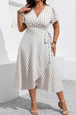 Load image into Gallery viewer, Khaki Polka Dot Surplice V Neck Tied Waist Flutter Sleeve Flowy Plus Size Midi Dress - Fashion Queen - 13
