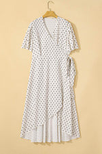 Load image into Gallery viewer, Khaki Polka Dot Surplice V Neck Tied Waist Flutter Sleeve Flowy Plus Size Midi Dress - Fashion Queen - 14