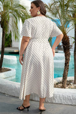 Load image into Gallery viewer, Khaki Polka Dot Surplice V Neck Tied Waist Flutter Sleeve Flowy Plus Size Midi Dress - Fashion Queen - 2