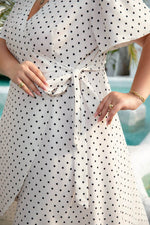 Load image into Gallery viewer, Khaki Polka Dot Surplice V Neck Tied Waist Flutter Sleeve Flowy Plus Size Midi Dress - Fashion Queen - 6