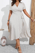 Load image into Gallery viewer, Khaki Polka Dot Surplice V Neck Tied Waist Flutter Sleeve Flowy Plus Size Midi Dress - Fashion Queen - 9