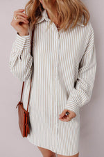 Load image into Gallery viewer, Khaki Stripe Long Sleeve Button Up Mini Shirt Dress - Fashion Queen - 1