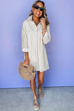 Load image into Gallery viewer, Khaki Stripe Long Sleeve Button Up Mini Shirt Dress - Fashion Queen - 10