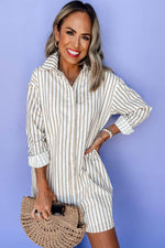 Load image into Gallery viewer, Khaki Stripe Long Sleeve Button Up Mini Shirt Dress - Fashion Queen - 12