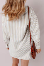 Load image into Gallery viewer, Khaki Stripe Long Sleeve Button Up Mini Shirt Dress - Fashion Queen - 2