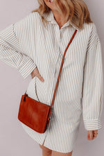 Load image into Gallery viewer, Khaki Stripe Long Sleeve Button Up Mini Shirt Dress - Fashion Queen - 3