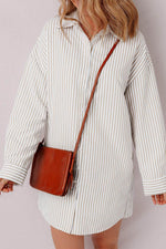 Load image into Gallery viewer, Khaki Stripe Long Sleeve Button Up Mini Shirt Dress - Fashion Queen - 4