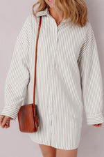 Load image into Gallery viewer, Khaki Stripe Long Sleeve Button Up Mini Shirt Dress - Fashion Queen - 5