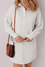 Load image into Gallery viewer, Khaki Stripe Long Sleeve Button Up Mini Shirt Dress - Fashion Queen - 6