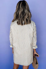 Load image into Gallery viewer, Khaki Stripe Long Sleeve Button Up Mini Shirt Dress - Fashion Queen - 8
