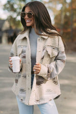 Load image into Gallery viewer, Khaki Western Aztec Print Sherpa Splicing Buttoned Flap Pocket Coat - Fashion Queen - 10