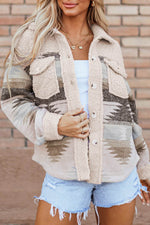 Load image into Gallery viewer, Khaki Western Aztec Print Sherpa Splicing Buttoned Flap Pocket Coat - Fashion Queen - 16