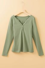 Load image into Gallery viewer, Laurel Green Long Sleeve Buttons V Neck Slim Fit Top - Fashion Queen - 3