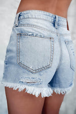 Load image into Gallery viewer, Light Blue Distressed Ripped Raw Hem High Waist Denim Shorts - Fashion Queen - 2