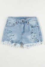 Load image into Gallery viewer, Light Blue Distressed Ripped Raw Hem High Waist Denim Shorts - Fashion Queen - 3