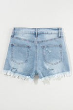 Load image into Gallery viewer, Light Blue Distressed Ripped Raw Hem High Waist Denim Shorts - Fashion Queen - 4