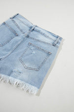 Load image into Gallery viewer, Light Blue Distressed Ripped Raw Hem High Waist Denim Shorts - Fashion Queen - 5