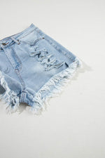 Load image into Gallery viewer, Light Blue Distressed Ripped Raw Hem High Waist Denim Shorts - Fashion Queen - 6