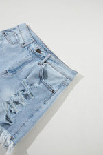 Load image into Gallery viewer, Light Blue Distressed Ripped Raw Hem High Waist Denim Shorts - Fashion Queen - 7