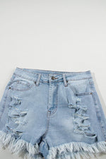 Load image into Gallery viewer, Light Blue Distressed Ripped Raw Hem High Waist Denim Shorts - Fashion Queen - 8