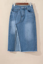Load image into Gallery viewer, Light Blue Frayed Slit Asymmetric Denim Midi Skirt - Fashion Queen - 3