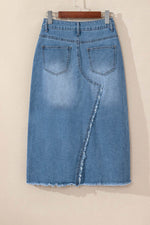 Load image into Gallery viewer, Light Blue Frayed Slit Asymmetric Denim Midi Skirt - Fashion Queen - 4