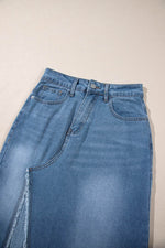 Load image into Gallery viewer, Light Blue Frayed Slit Asymmetric Denim Midi Skirt - Fashion Queen - 6