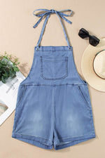 Load image into Gallery viewer, Light Blue Grommet Tie Straps Casual Denim Romper - Fashion Queen - 15